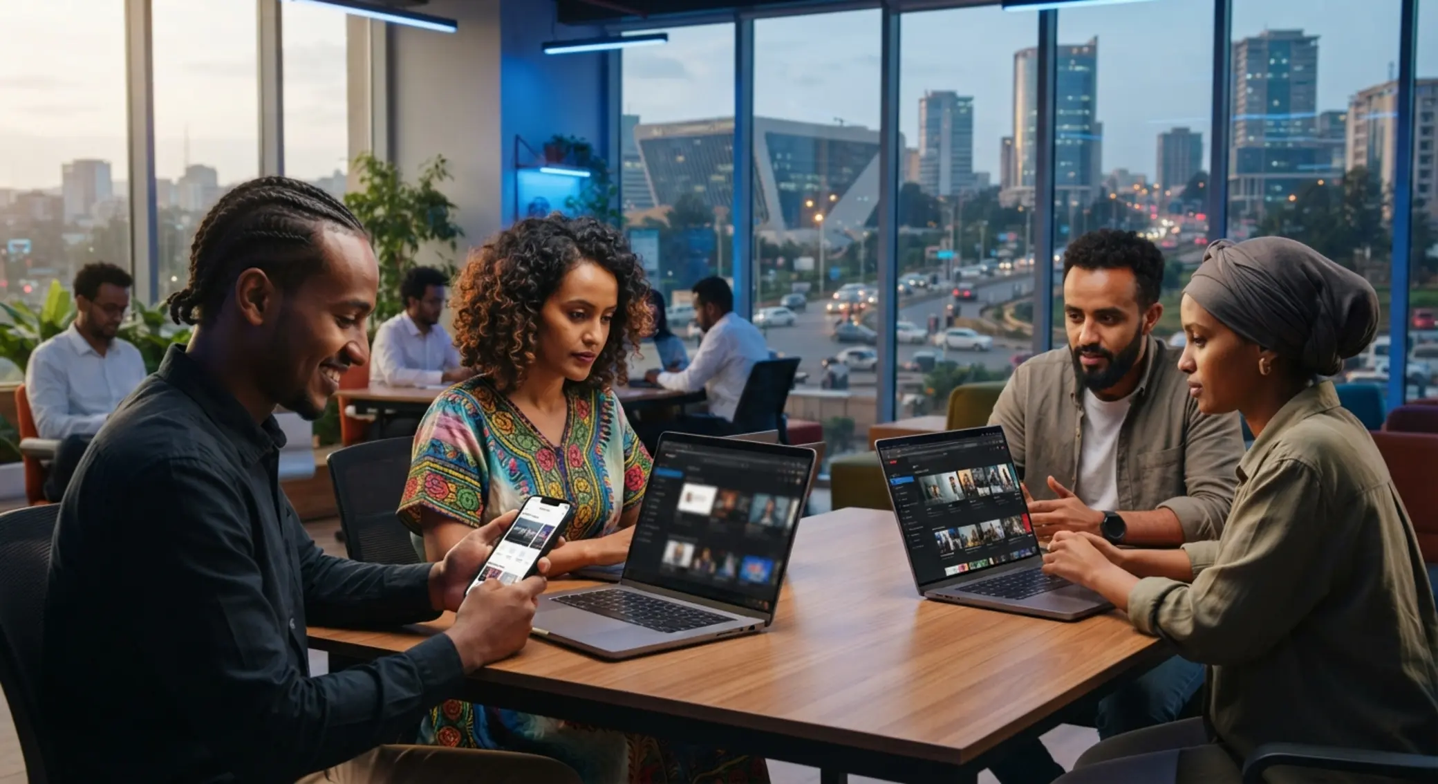 Modern African users with phones and laptops interacting with a trusted digital entertainment platform