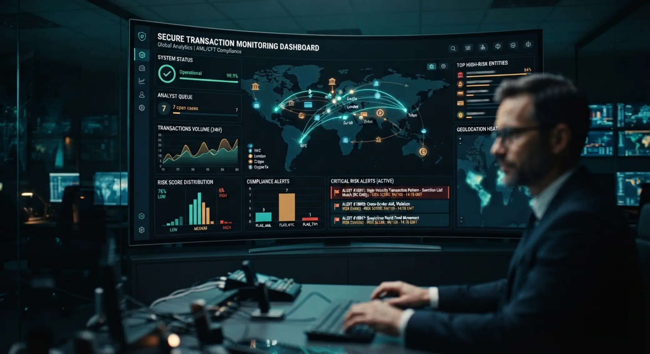 Transaction monitoring dashboard with AML risk alerts and review flags