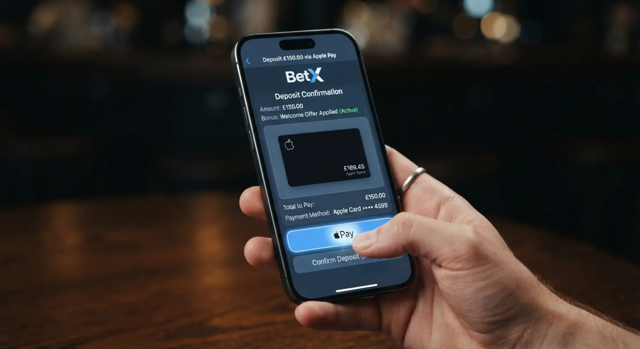 iPhone showing BetX deposit screen with Apple Pay selected