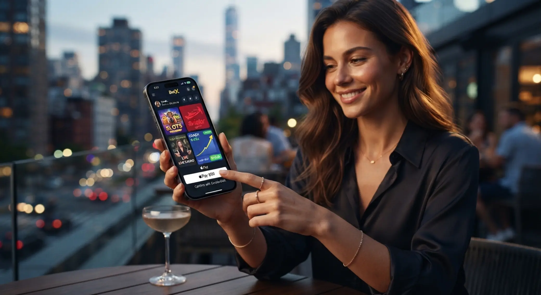 iPhone user accessing BetX mobile games with Apple Pay deposit option