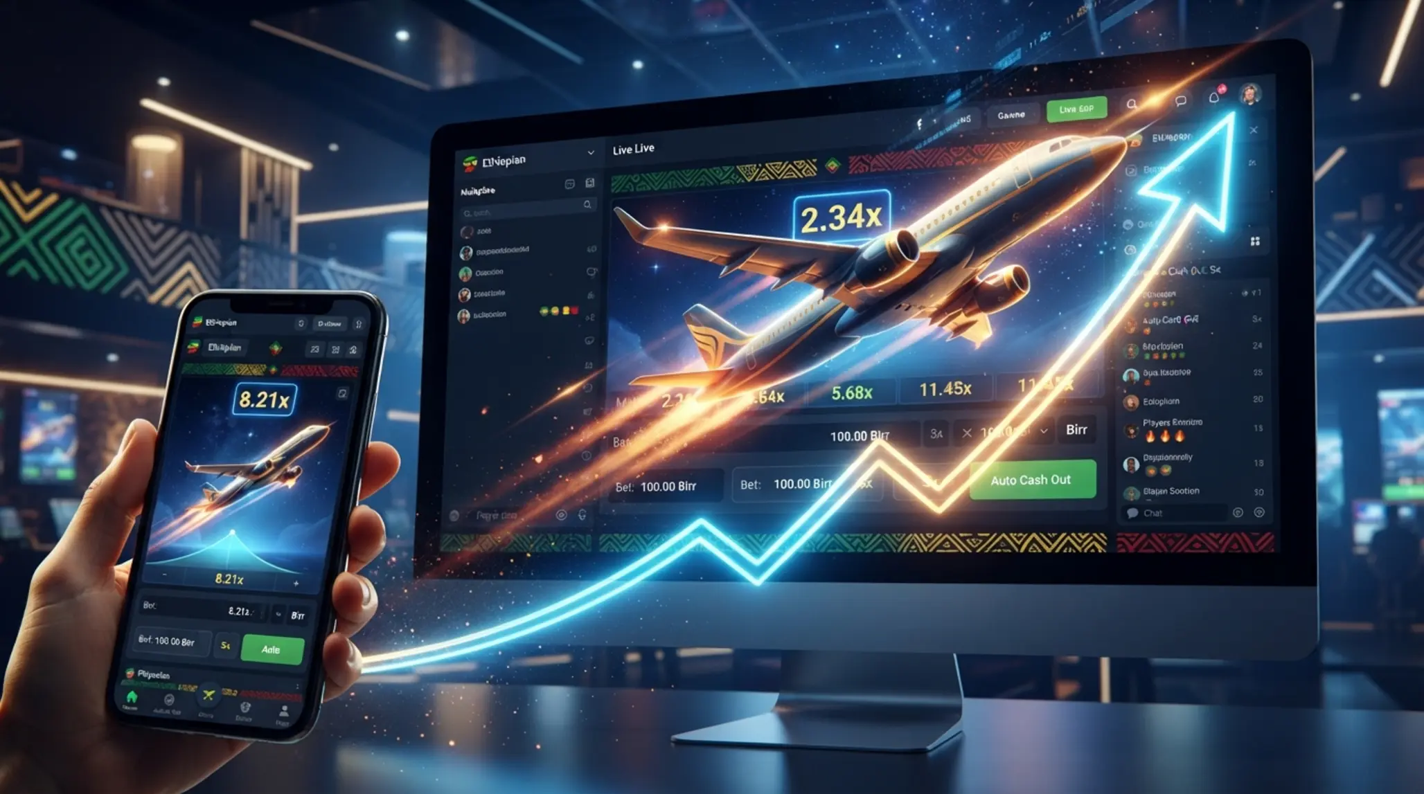 Dynamic airplane game banner with rising multiplier on mobile and desktop screens