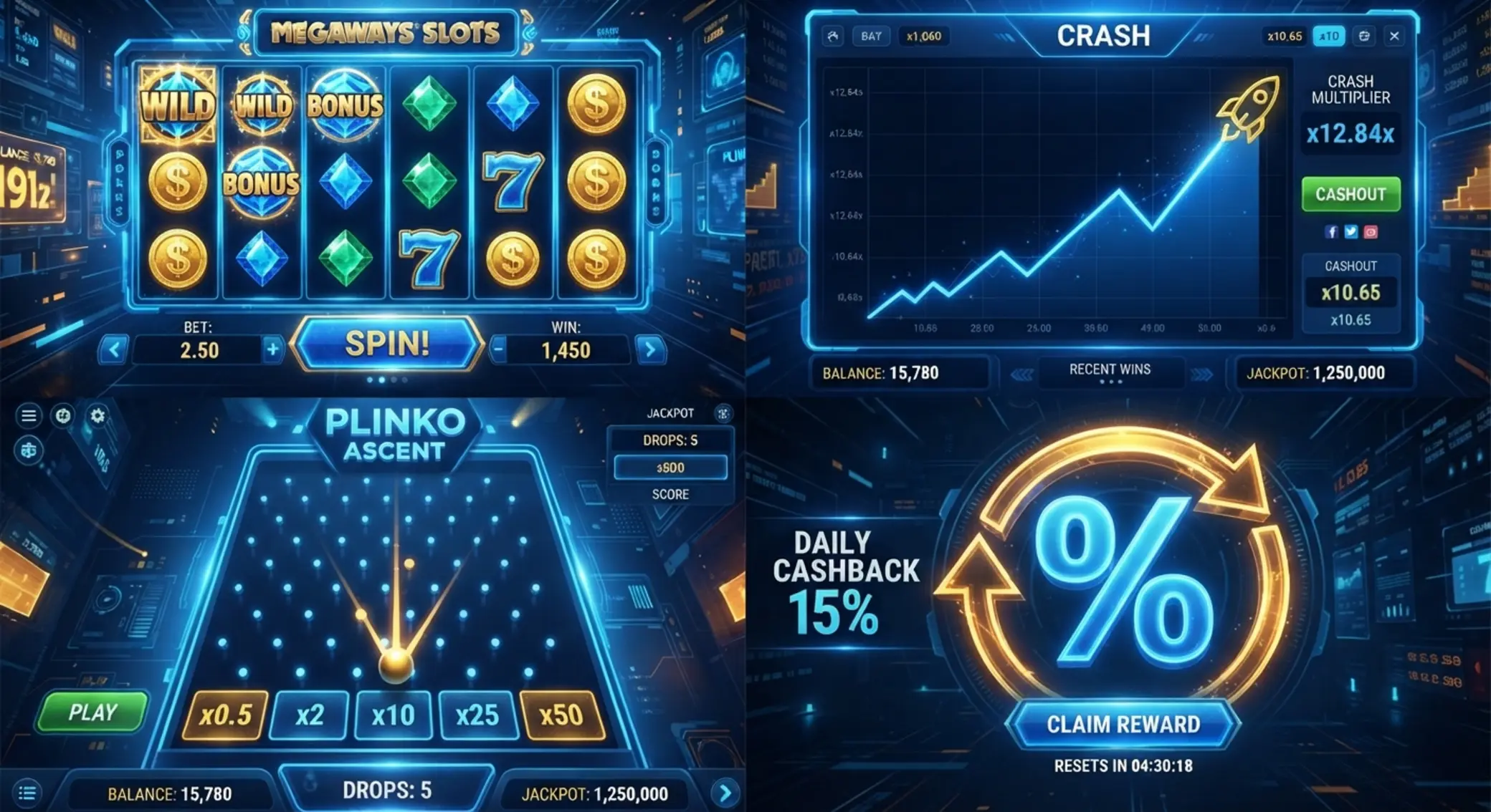 Collage of slots, crash and Plinko with cashback graphics
