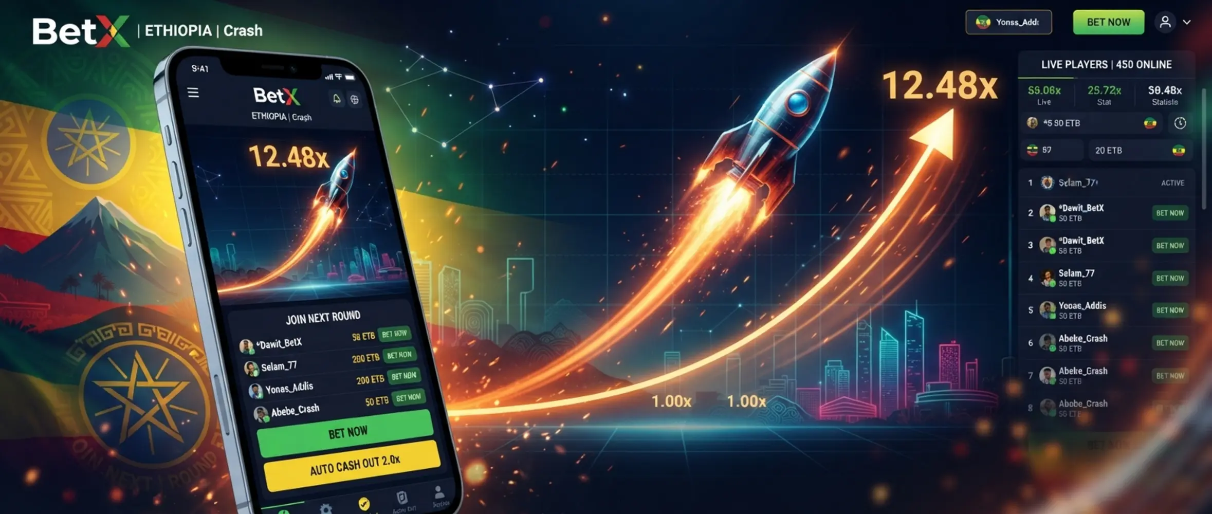 Dynamic BetX crash game banner with rising multiplier and mobile gameplay for Ethiopia