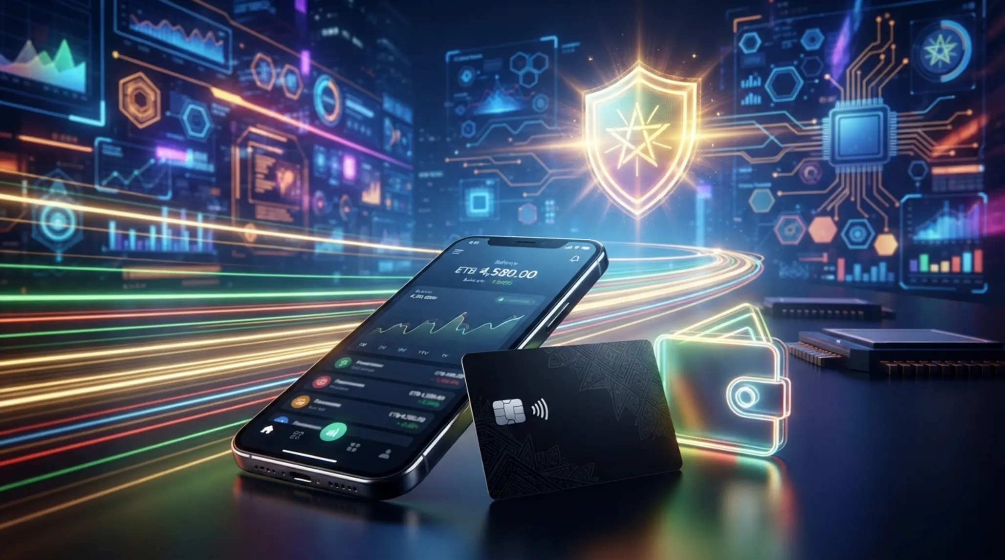 Abstract wallet, card and smartphone showing fast and secure online deposits for Ethiopian users