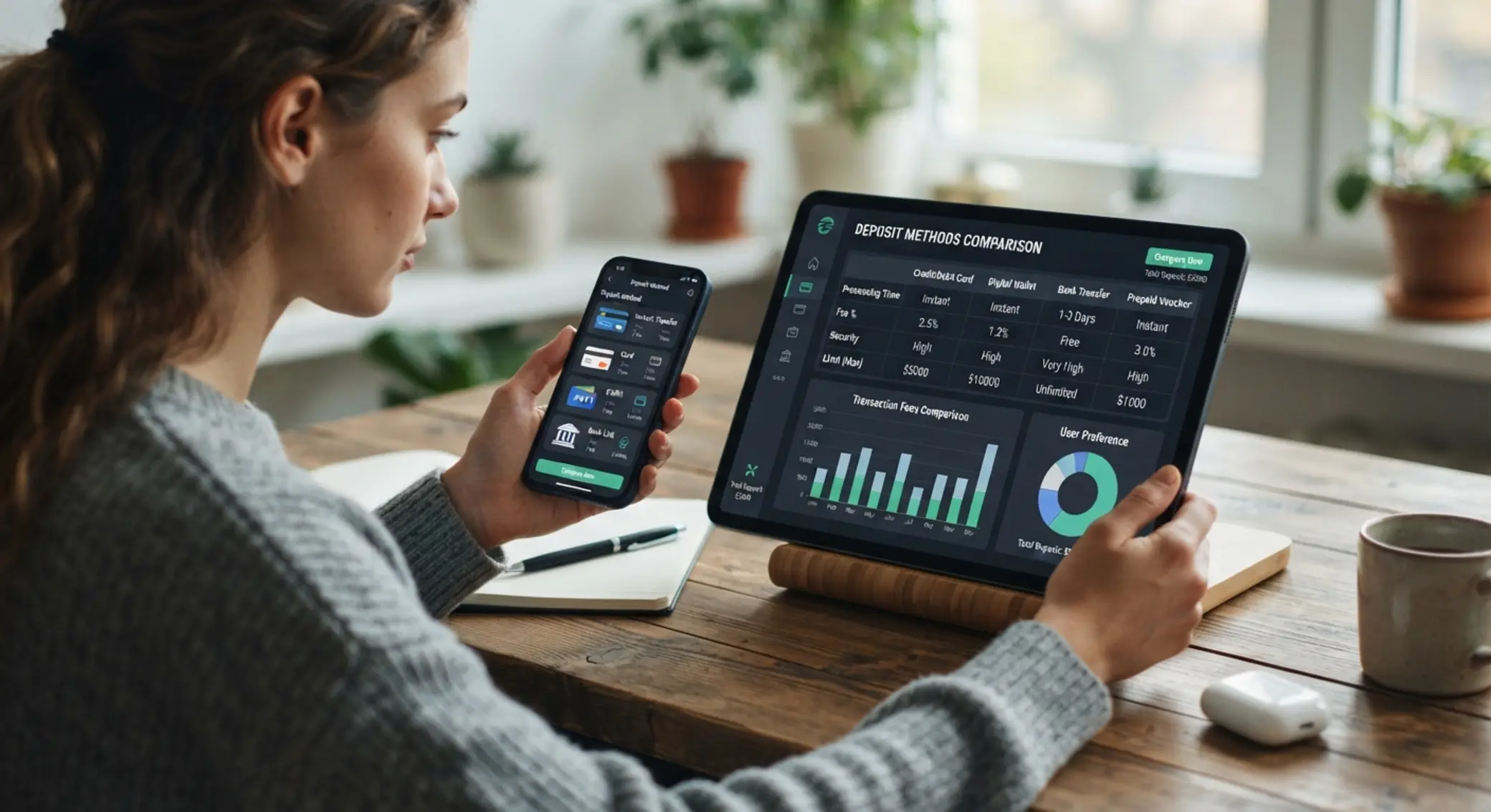 User comparing deposit methods on screen with table and icons