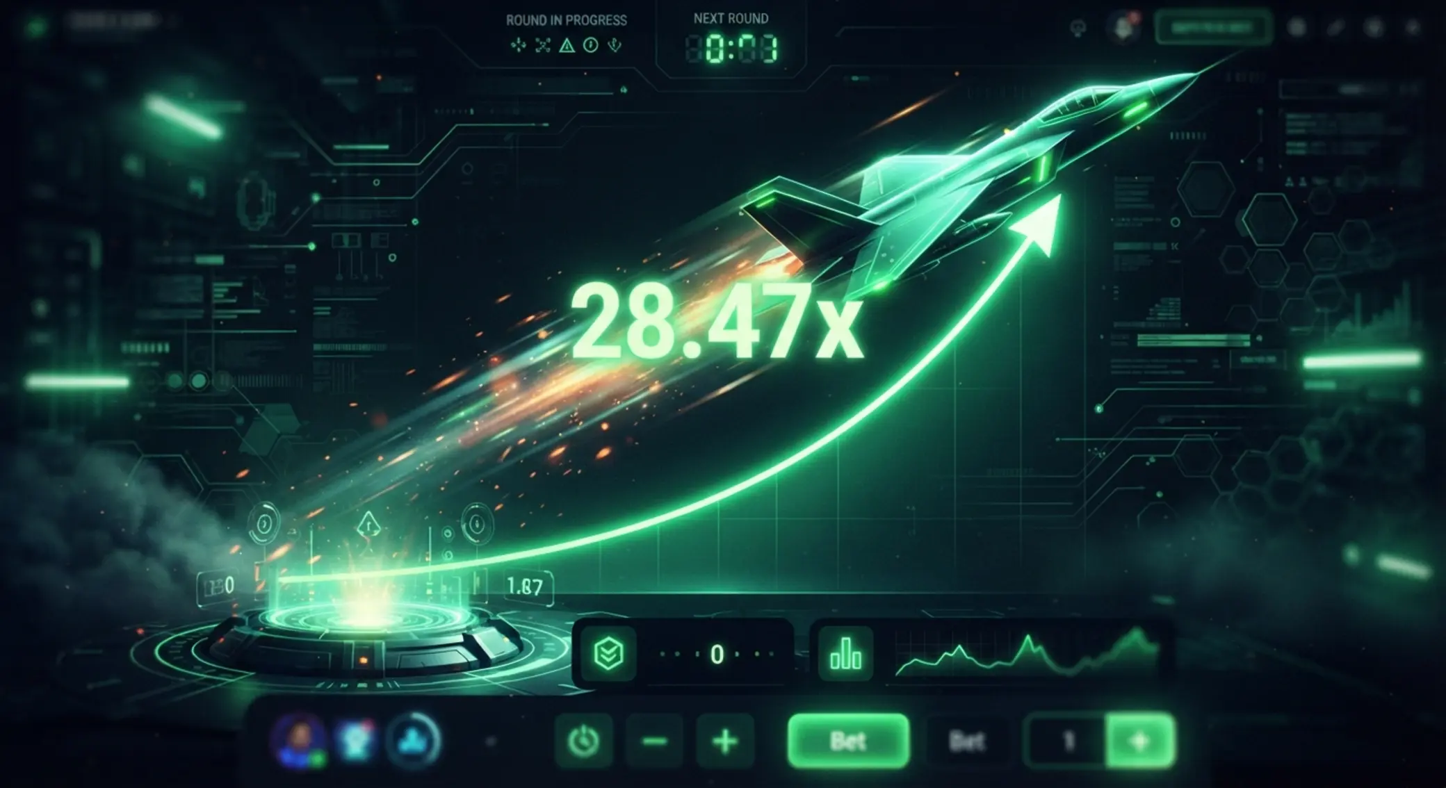 Dynamic crash game visual with rising plane and multiplier interface