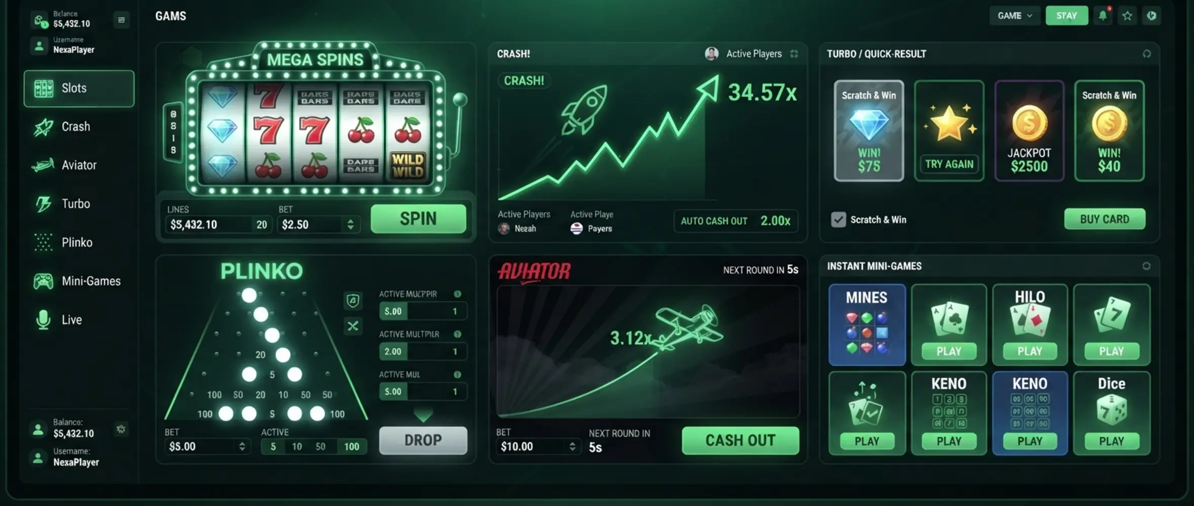 Panorama of BetX game categories including slots, crash, turbo and plinko