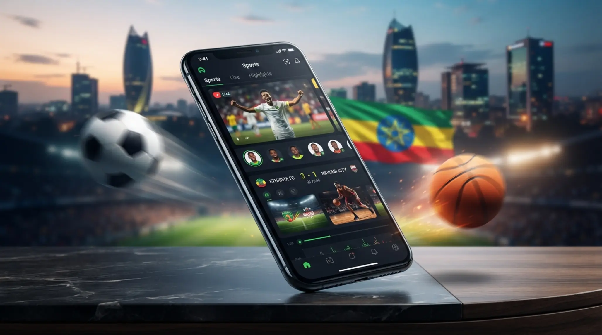 Smartphone with sports app interface and Ethiopian-themed background