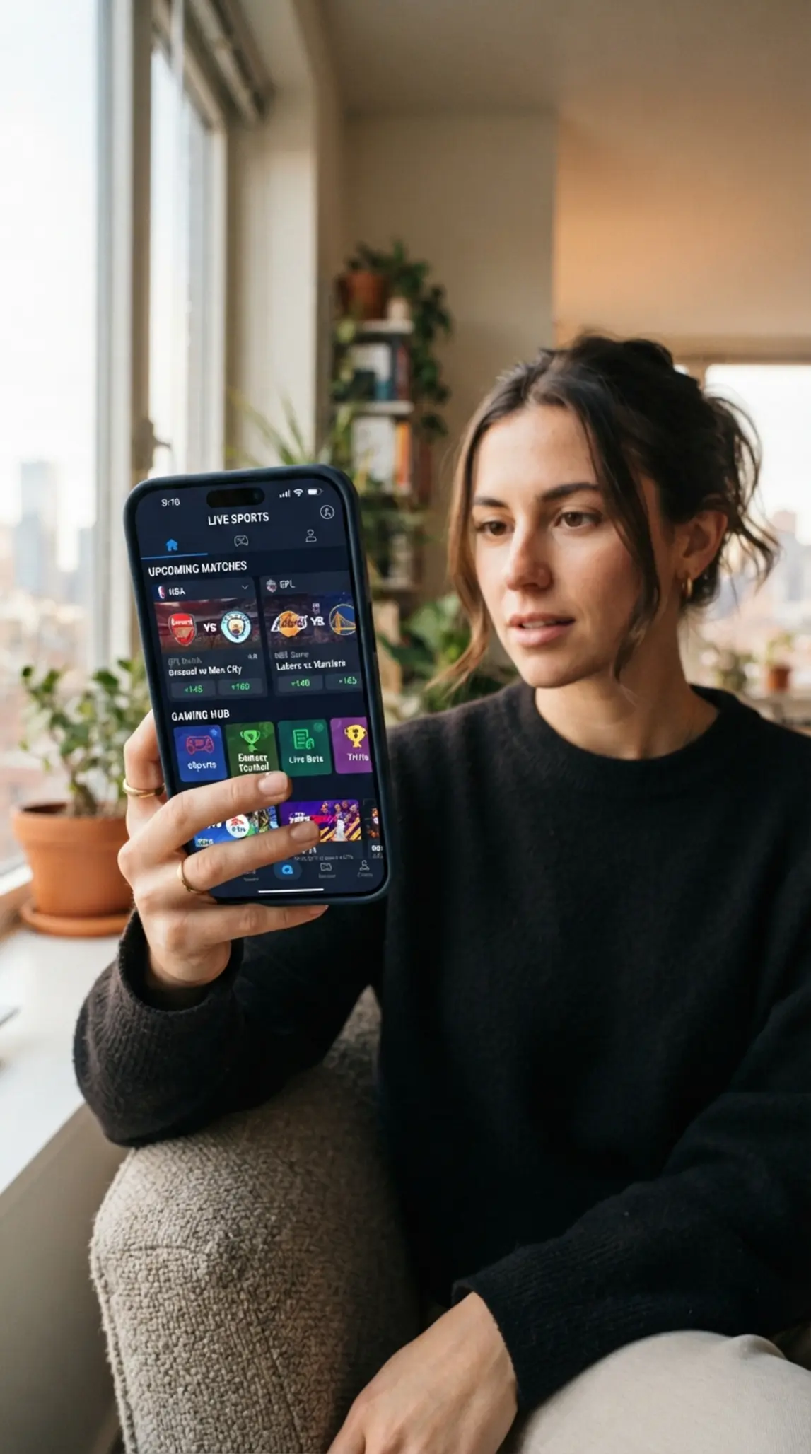 User holding an iPhone with a mobile gaming interface open