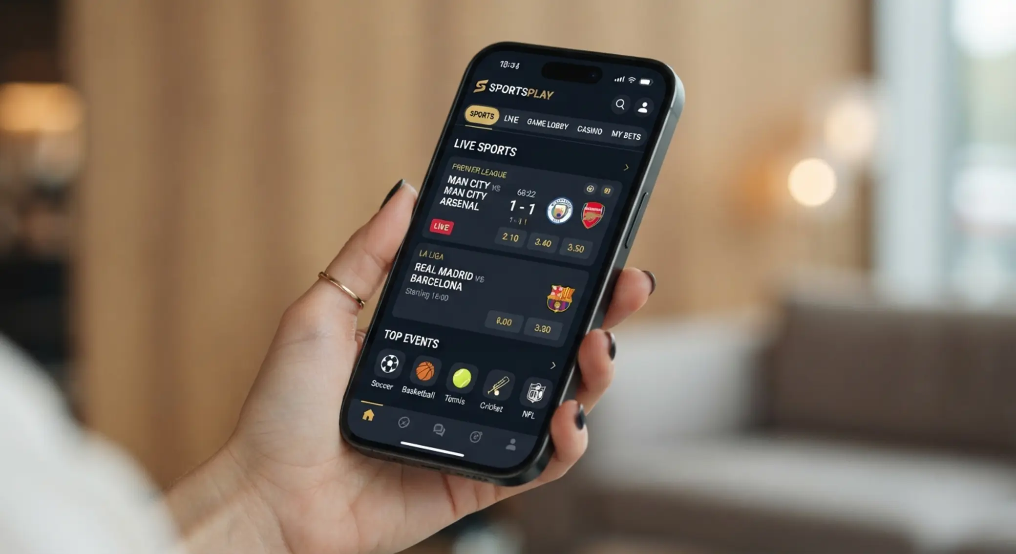 iPhone screen with BetX-style home interface for sports and games