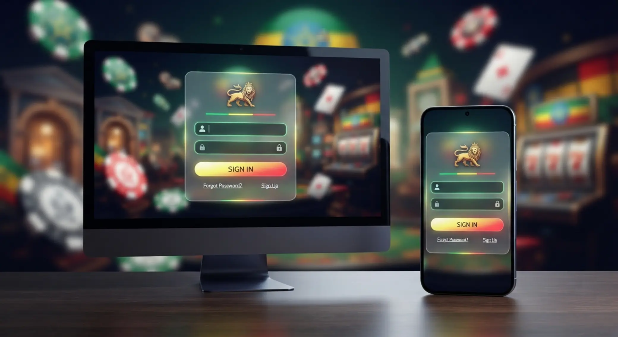 Secure login interface with mobile and desktop access and Ethiopian themed accents