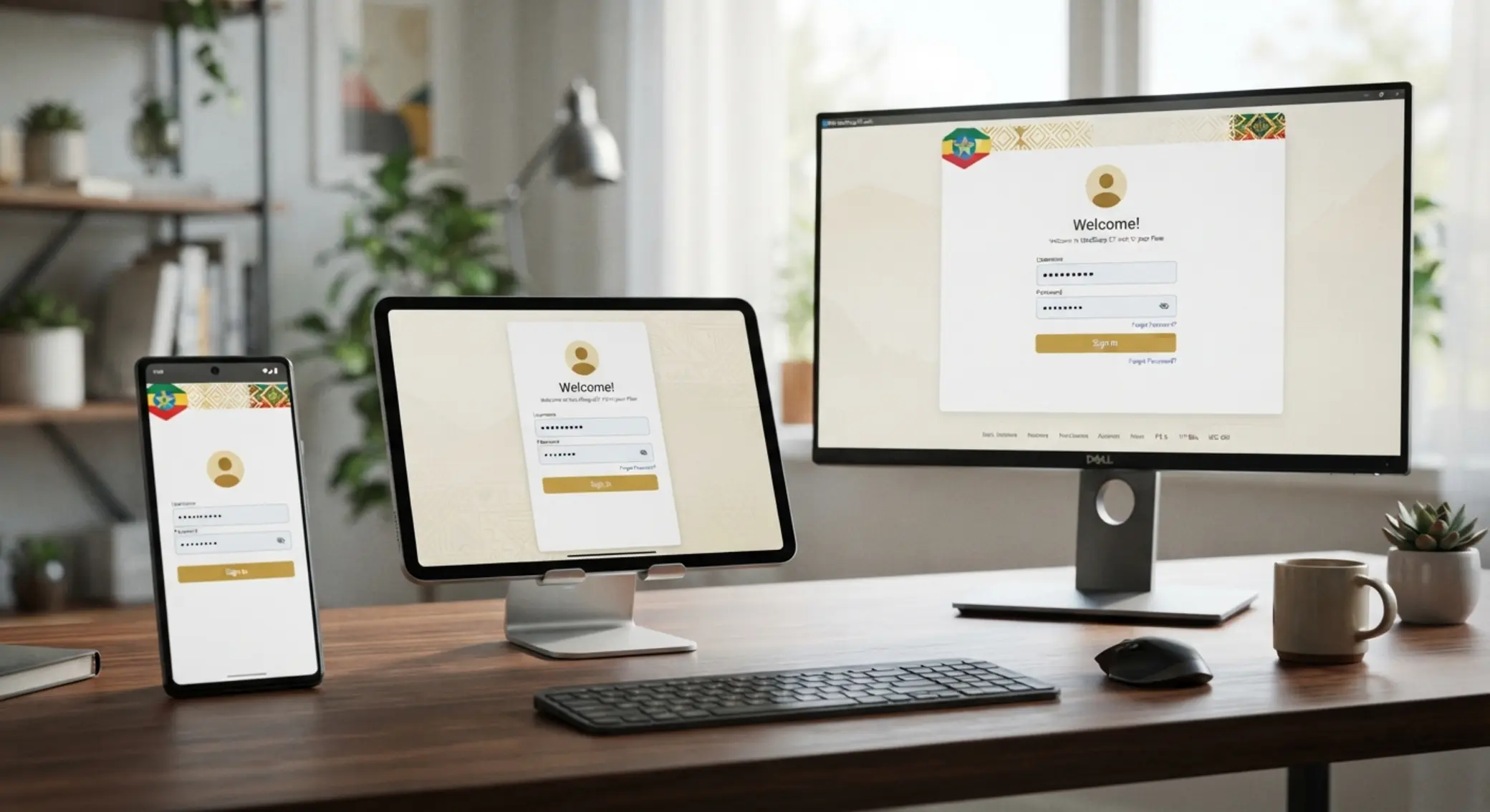 Account login access shown on mobile tablet and desktop devices