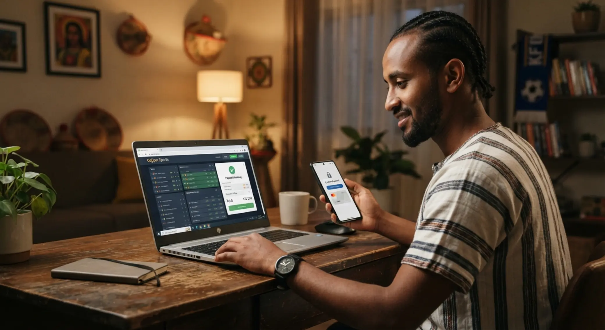 Ethiopian user making an online payment on Betx with a bank card on laptop and phone