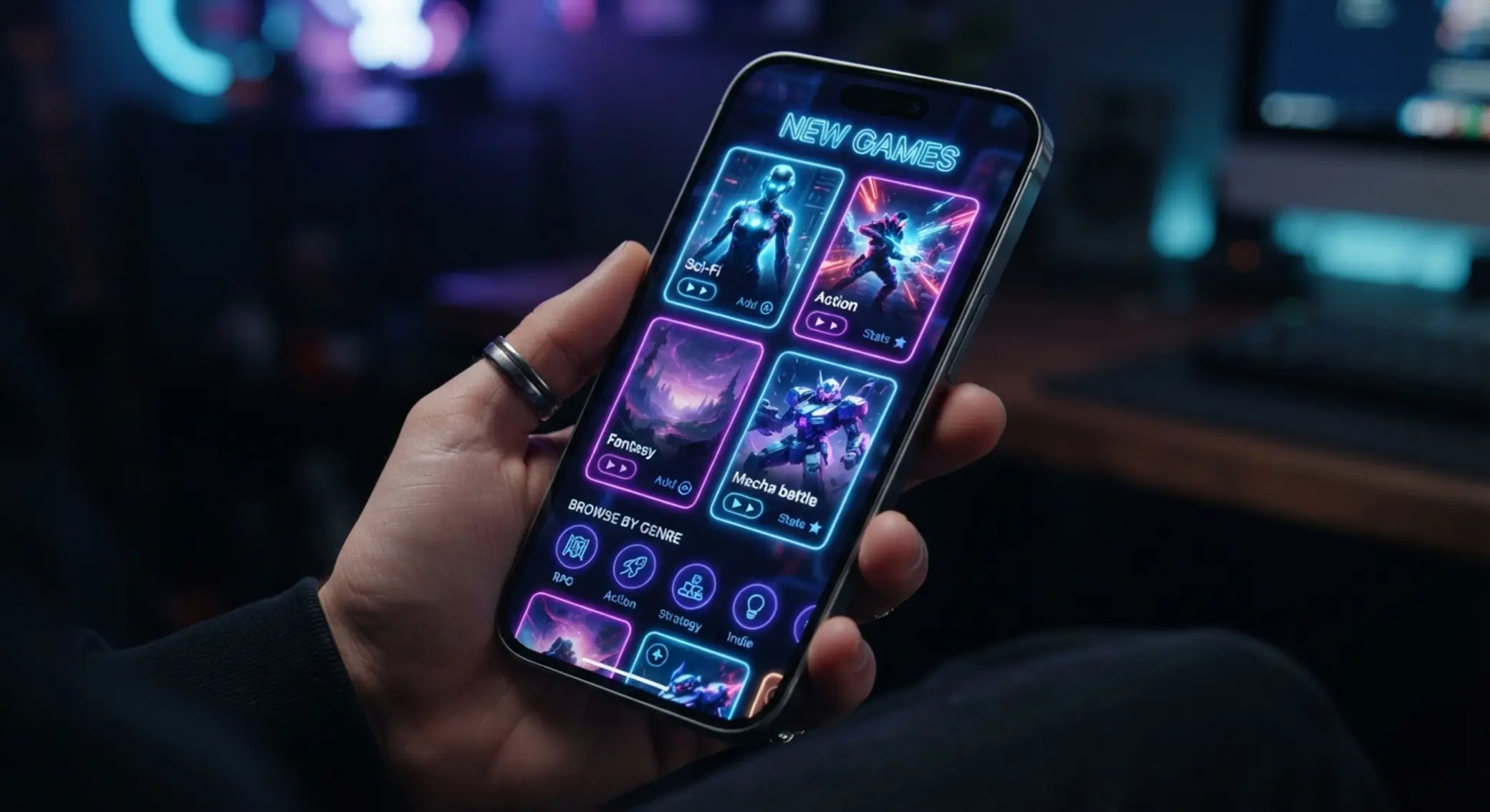 Smartphone interface showing new games on a mobile screen
