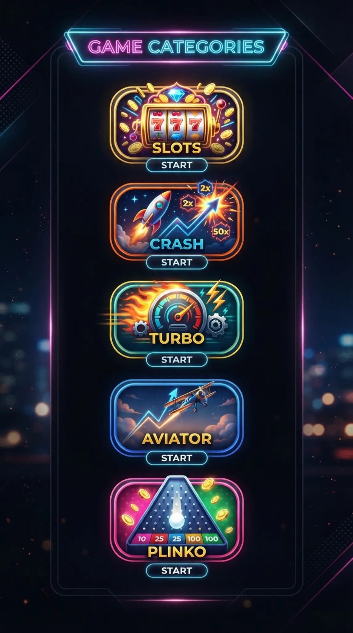 Game category selection with slots, crash, turbo, Aviator-style and Plinko visuals