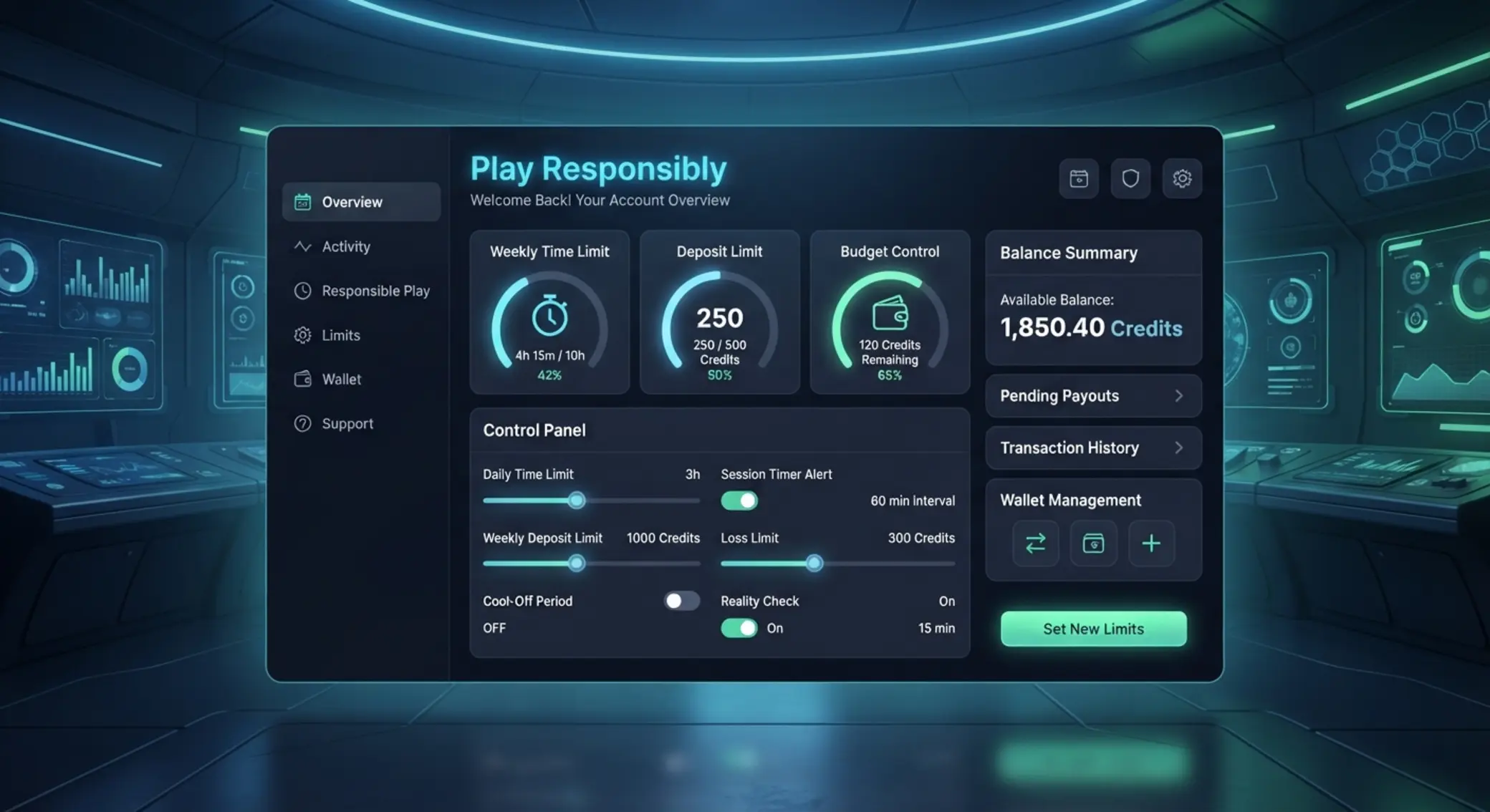 Responsible play interface with limits and session control tools