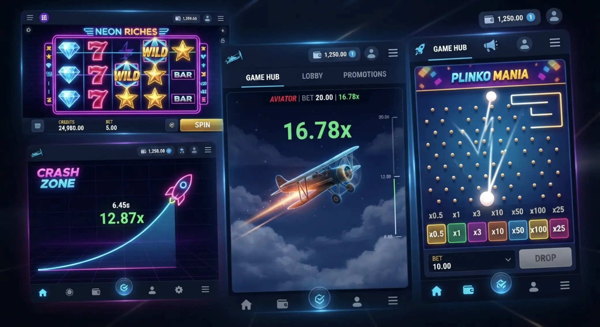 Collage of slots, crash-style, and plinko games for no deposit bonus use