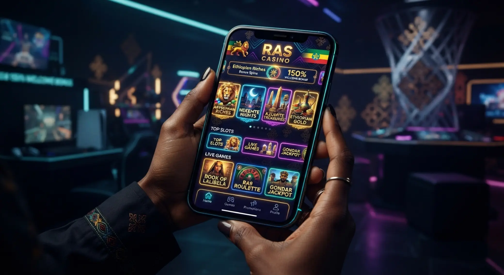 Smartphone showing virtual BetX-style lobby with no deposit bonus highlight