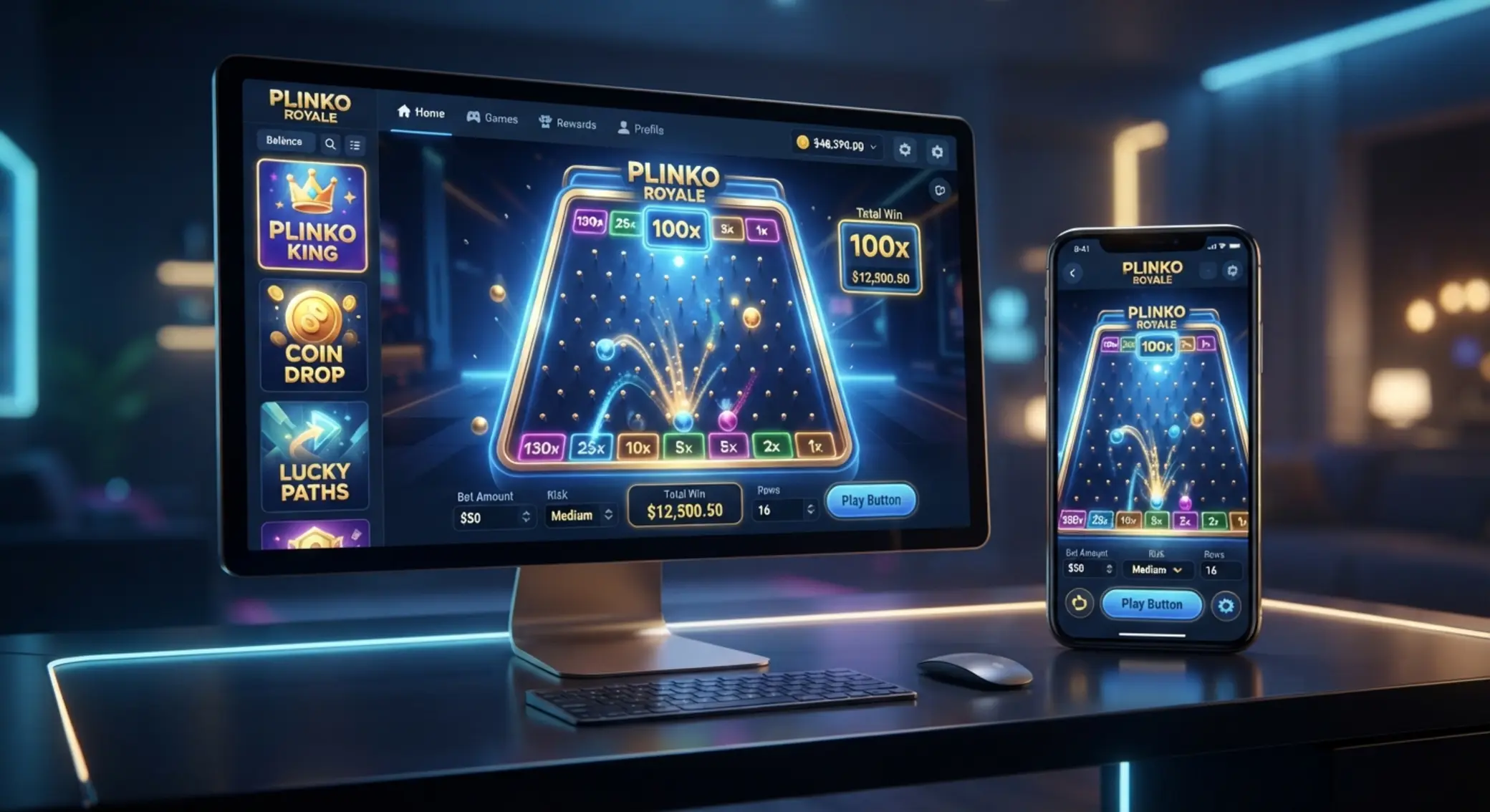 BetX Plinko lobby with multiple game options on desktop and mobile