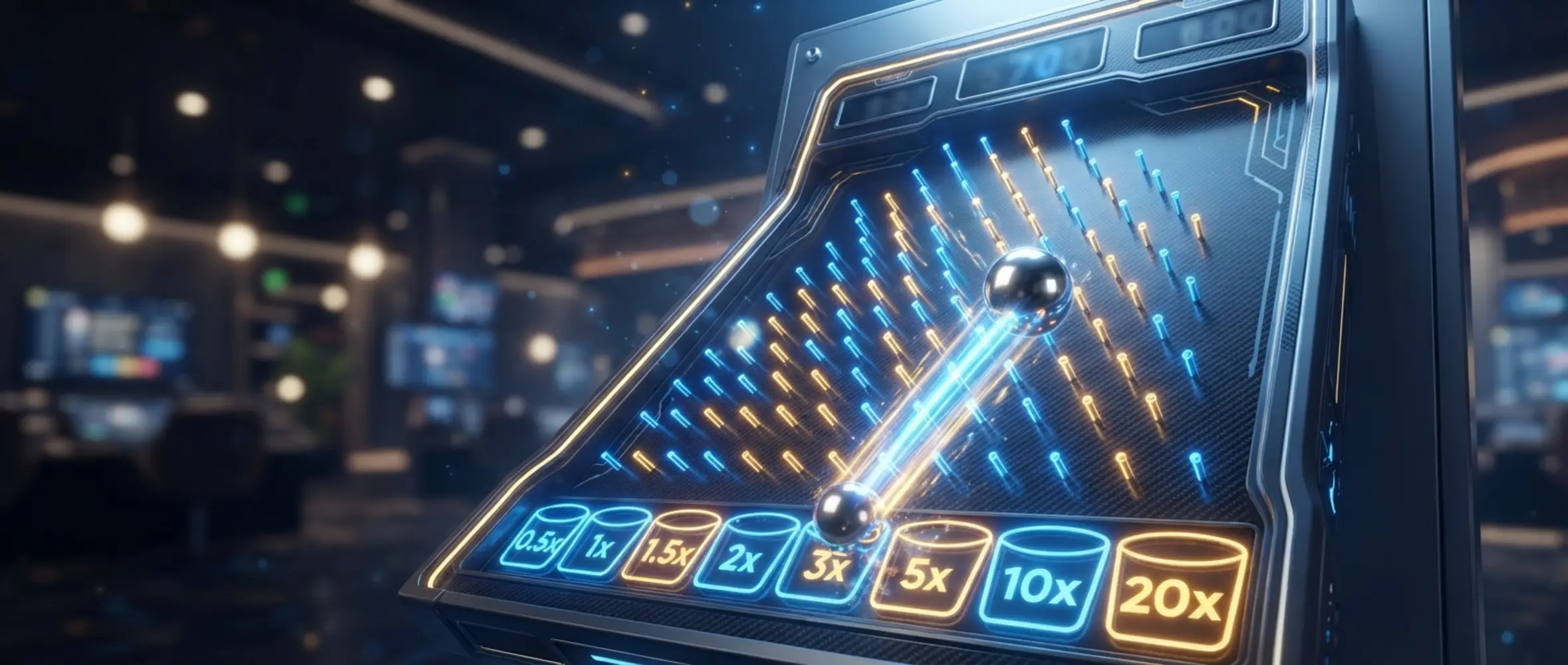 Dynamic Plinko board with falling ball and glowing multipliers