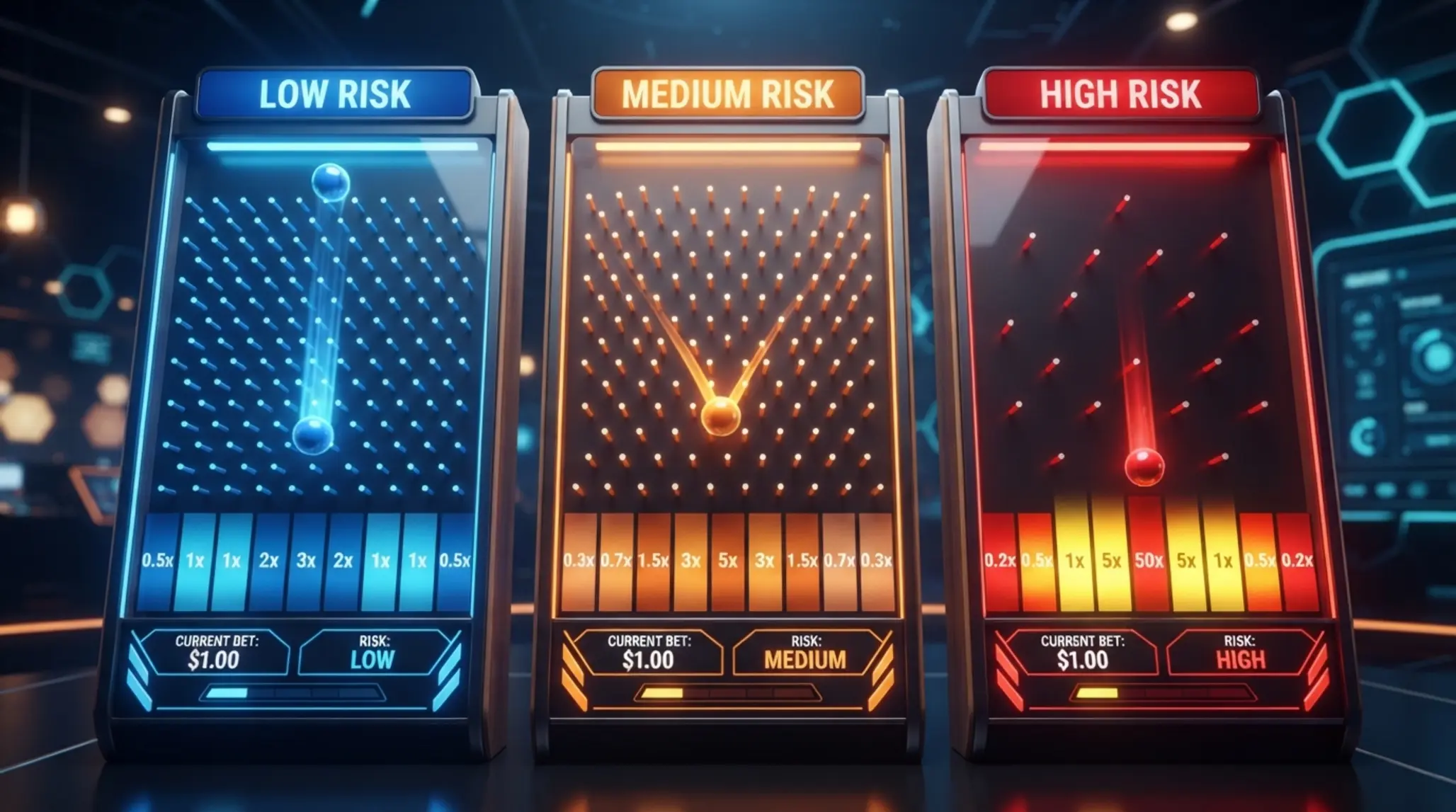 Comparison of low, medium and high risk Plinko boards