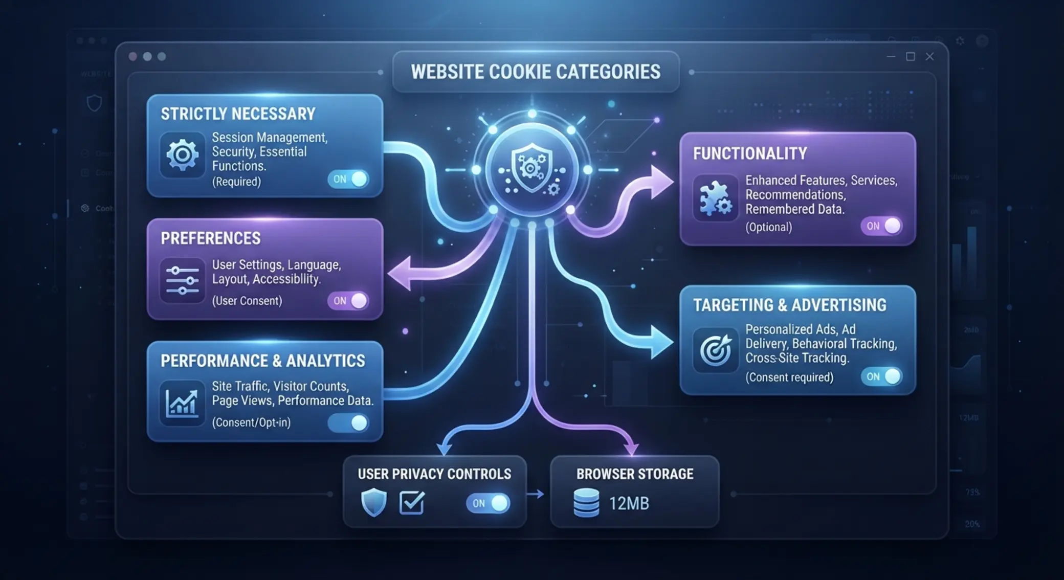 Diagram showing different website cookie categories and controls