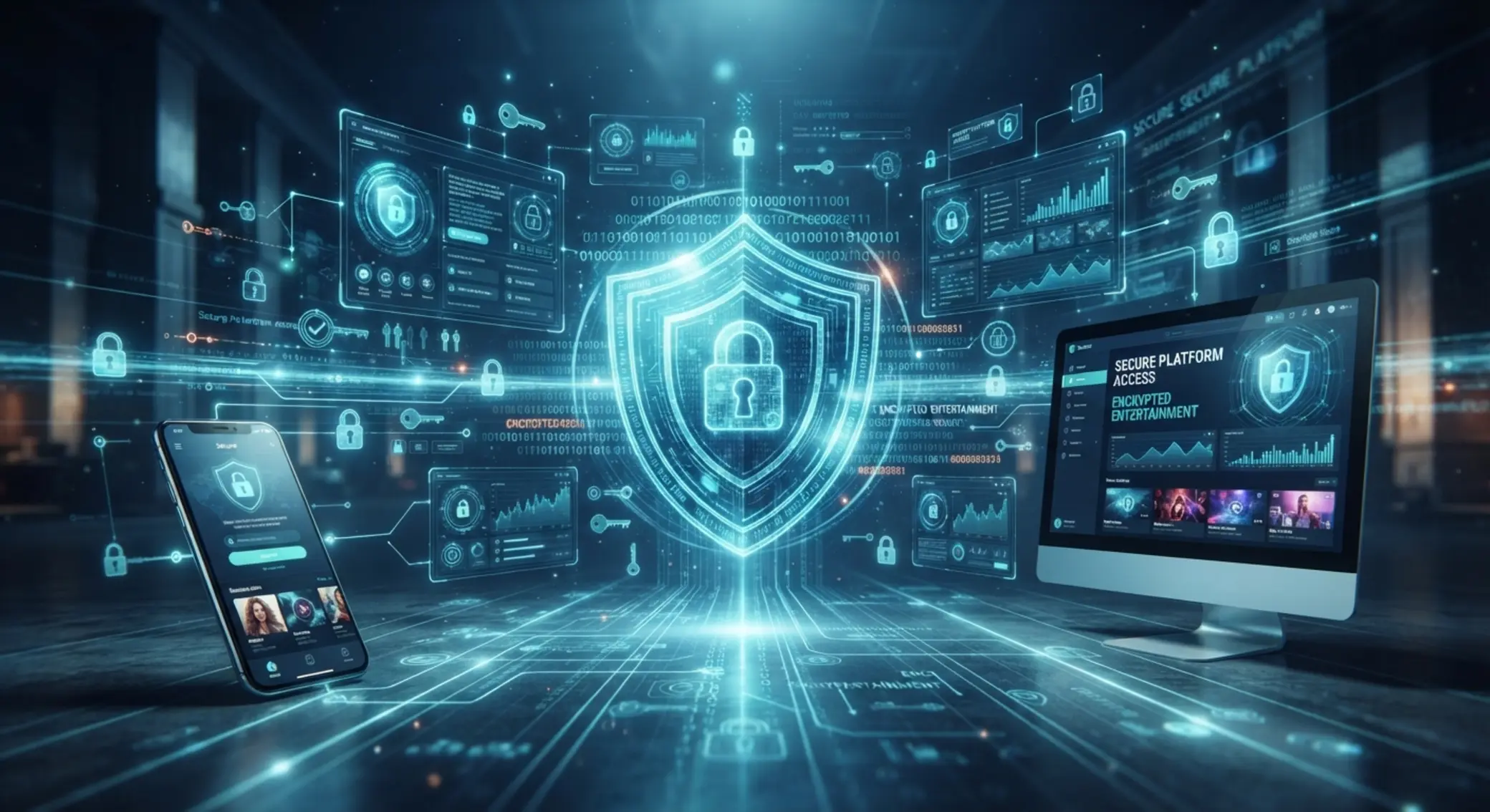 Abstract online data security illustration with shield and lock symbols