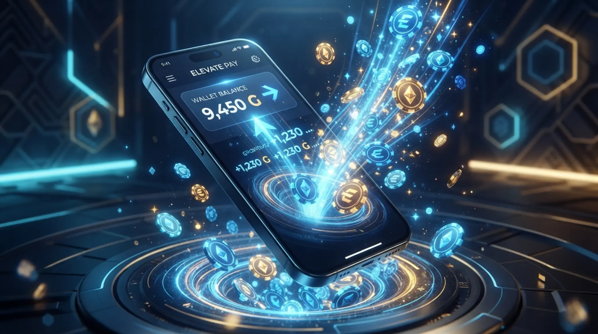 Brand-style reload bonus banner with balance top-up and rising chips
