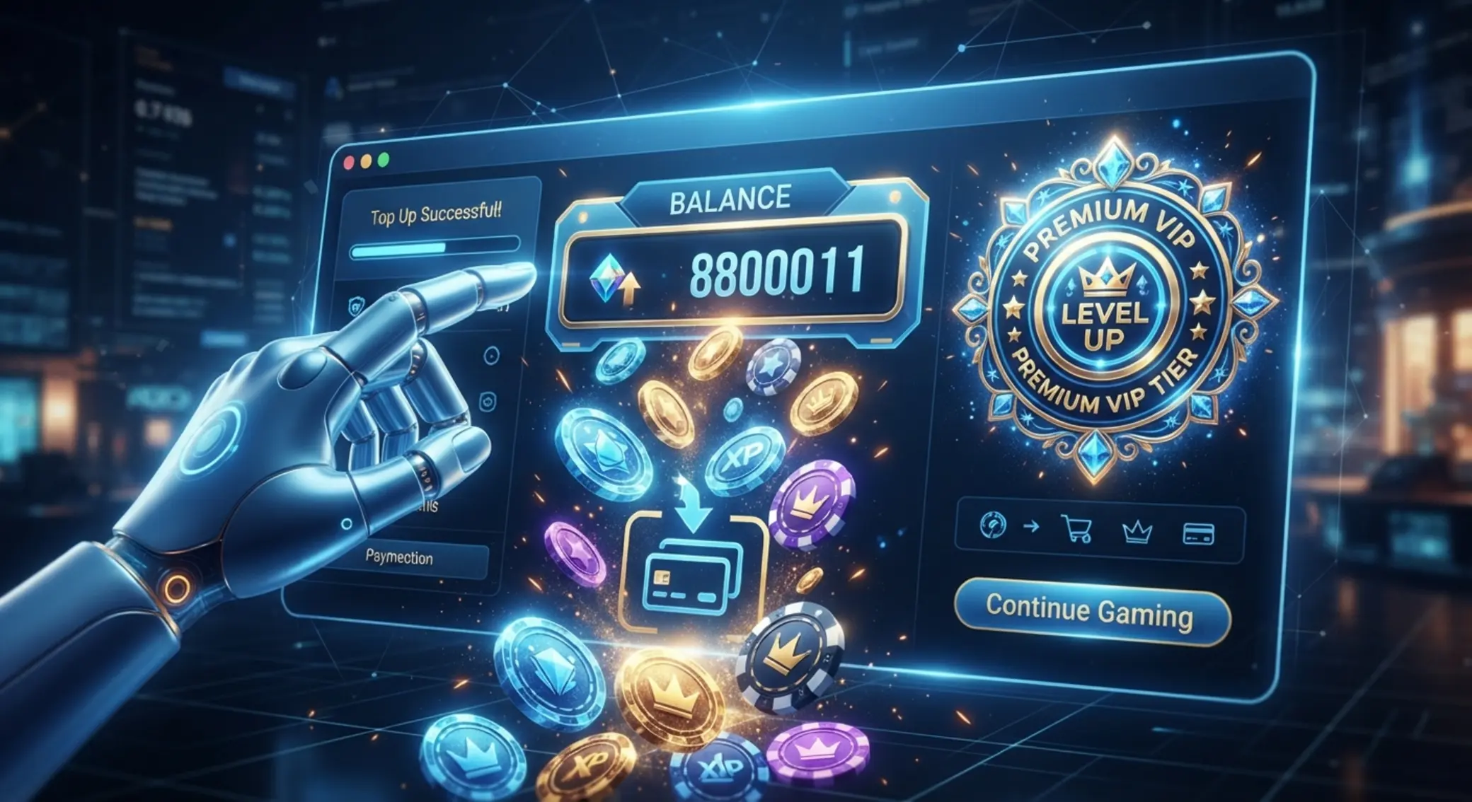 Illustration of account top-up with reload bonus and rising balance