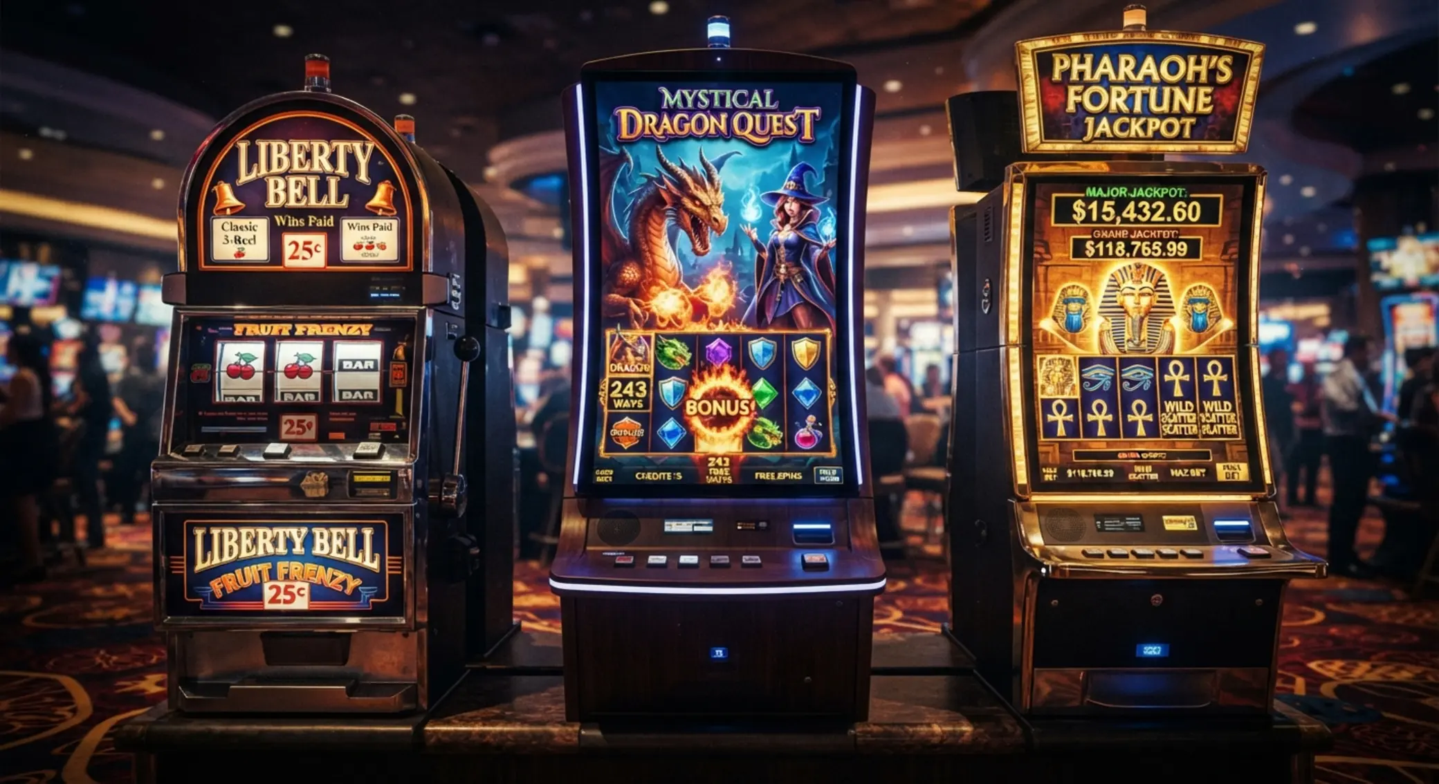Different slot styles including classic, video and jackpot-themed games