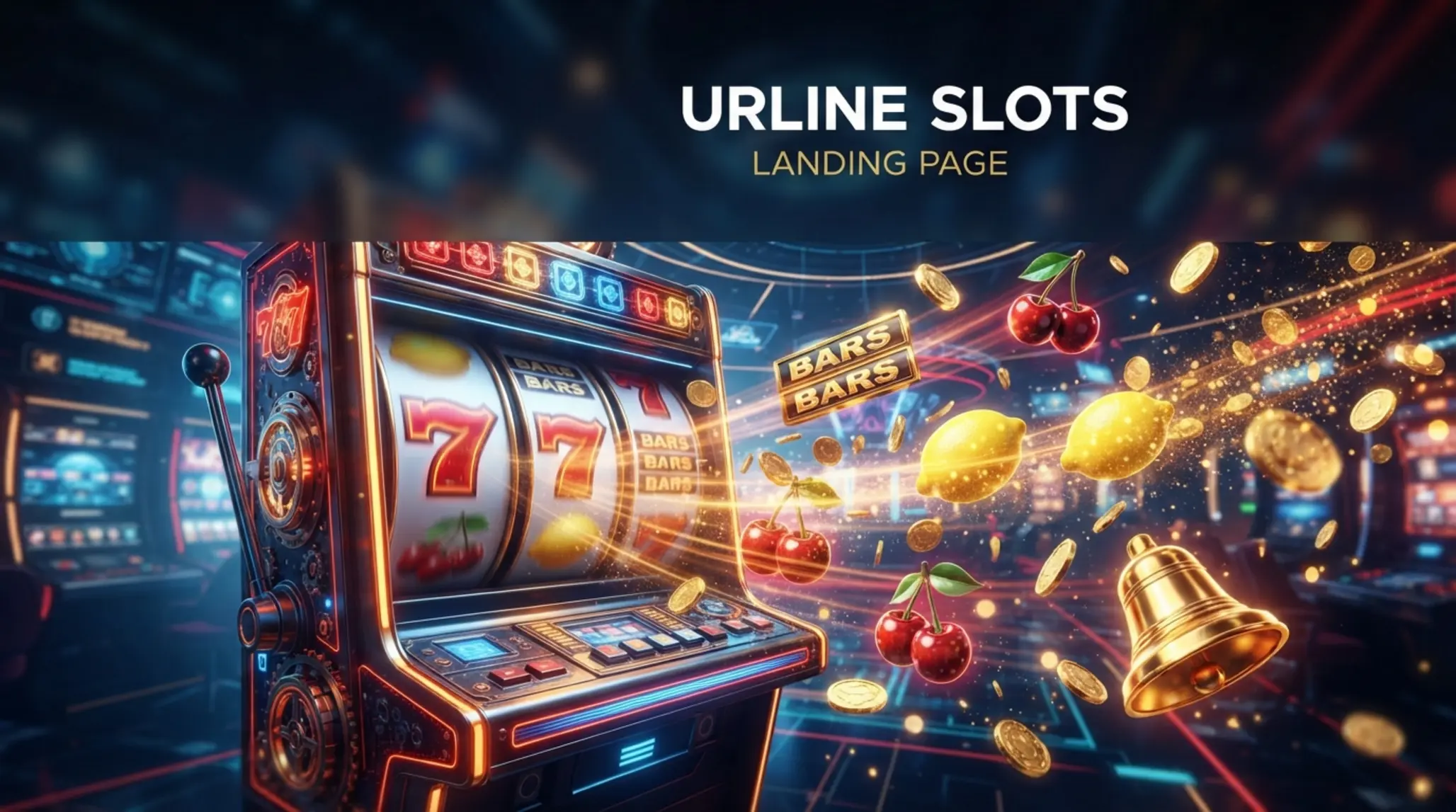 Dynamic slot reels with classic symbols in a neon gaming scene