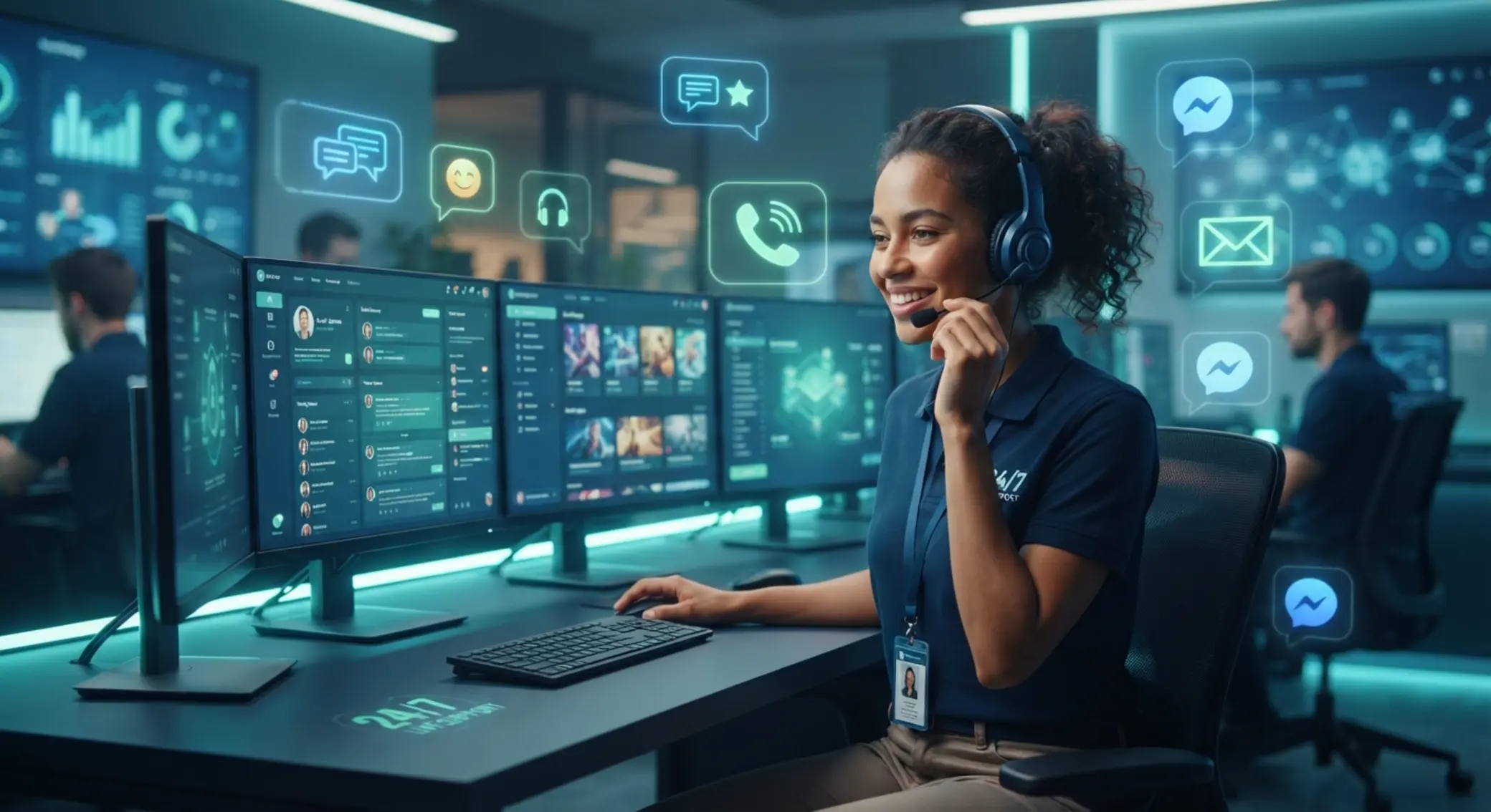 Friendly BetX support operator with chat and contact icons in a 24/7 help scene