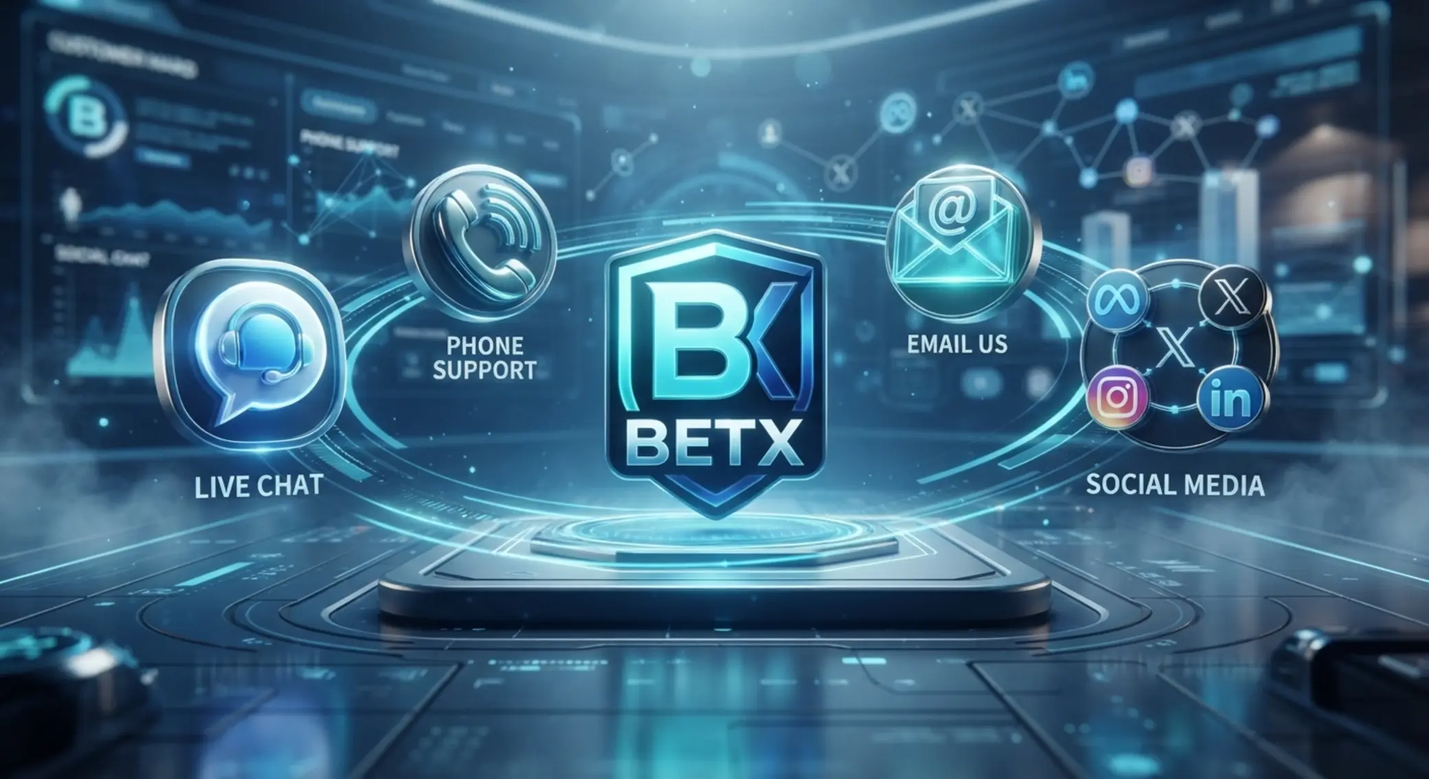 BetX contact channels with chat, email, phone, and social icons