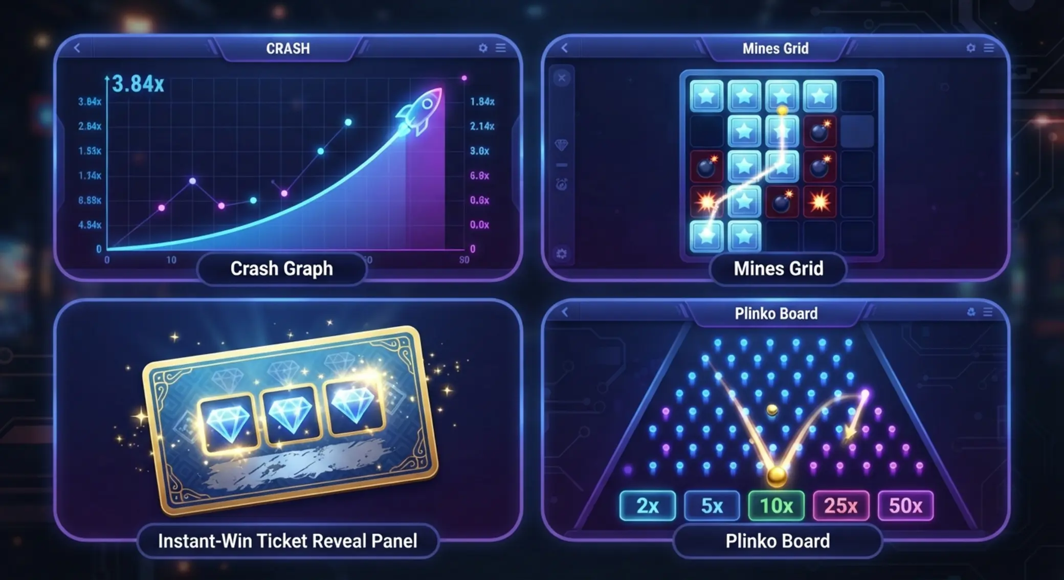 Collage of crash, mines, instant win and plinko-style turbo games