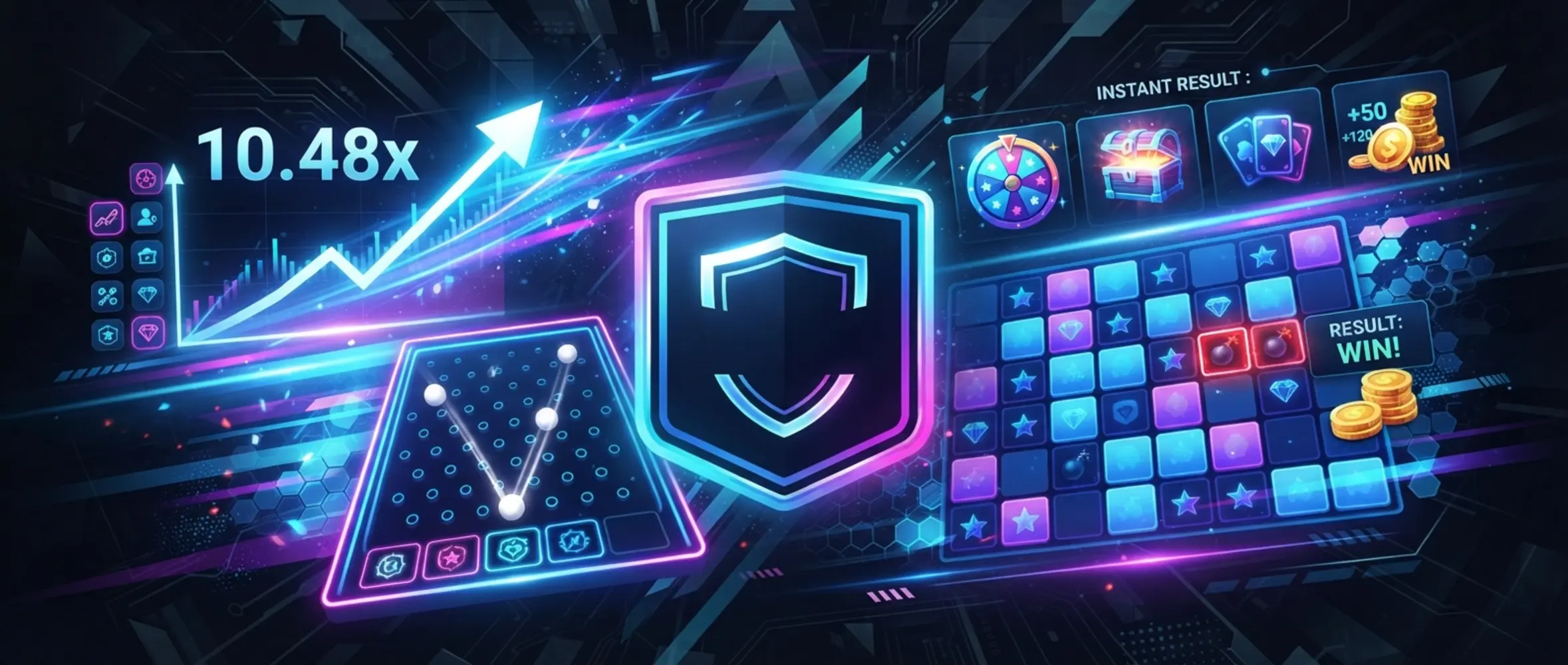 Dynamic BetX turbo games banner with crash graph, mines grid and instant game elements
