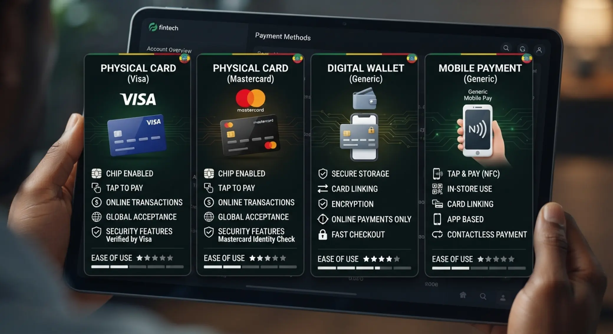 Comparison of payment methods on a digital platform interface