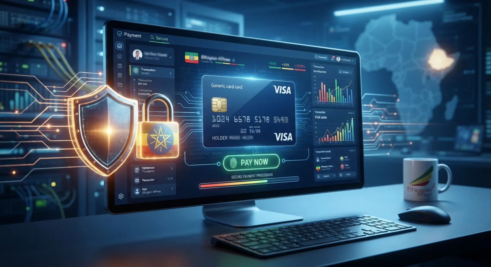 Secure online Visa payment visual with shield and data protection
