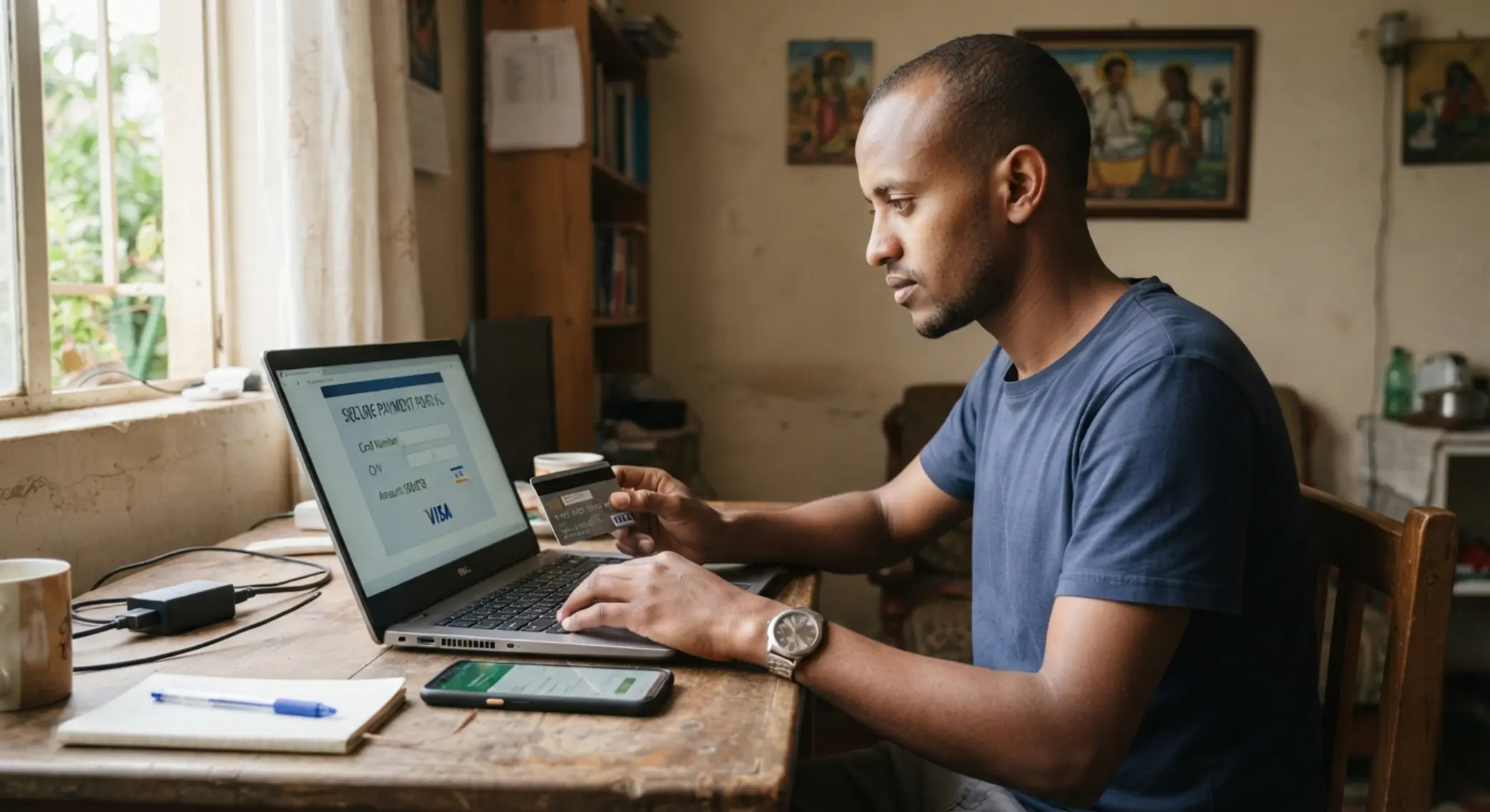 User in Ethiopia making a Visa payment on laptop and phone