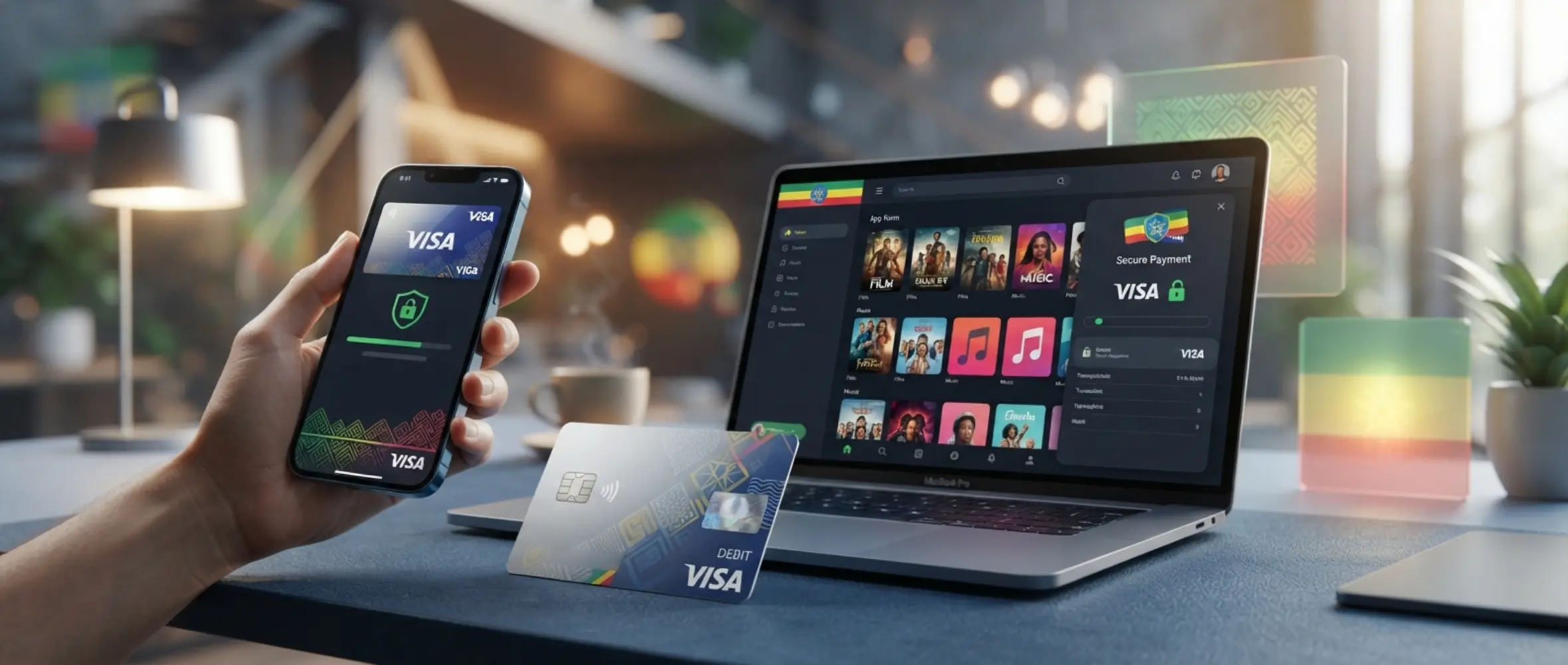 Secure Visa payment banner with mobile interface and Ethiopian color accents