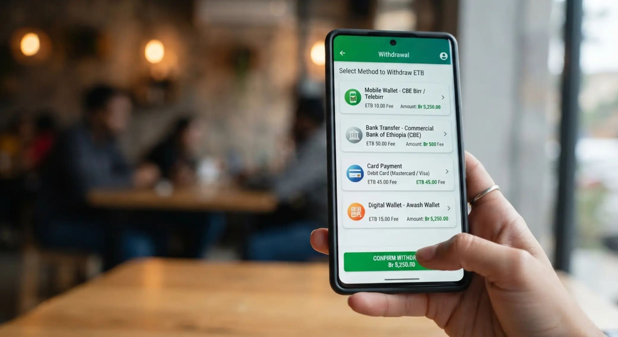 Mobile screen showing withdrawal method choices with ETB focus