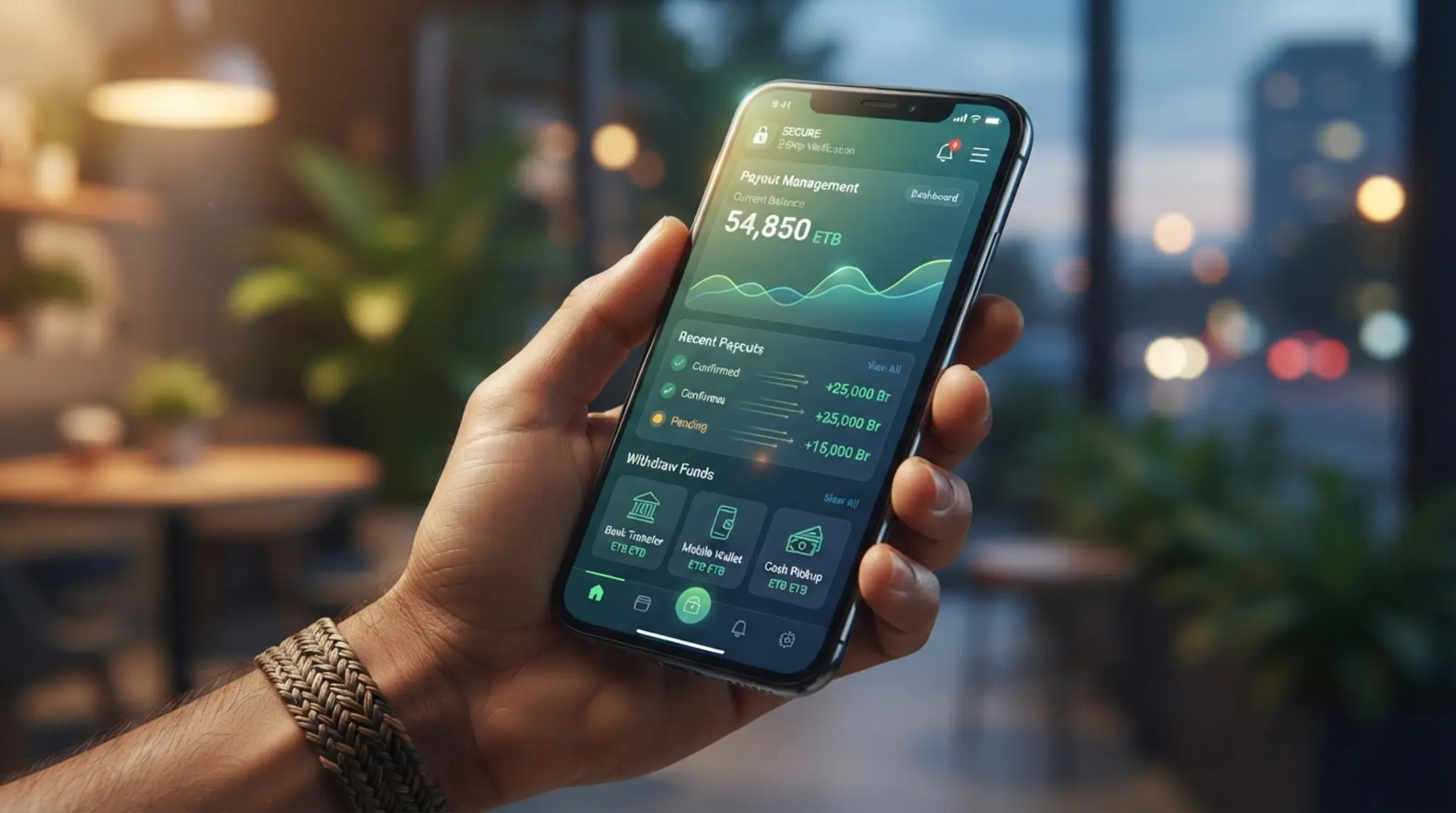 Mobile payout interface with ETB symbols and secure transfer visuals